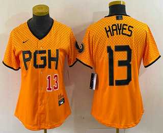 Womens Pittsburgh Pirates #13 KeBryan Hayes Number Yellow 2023 City Connect Stitched Jersey2